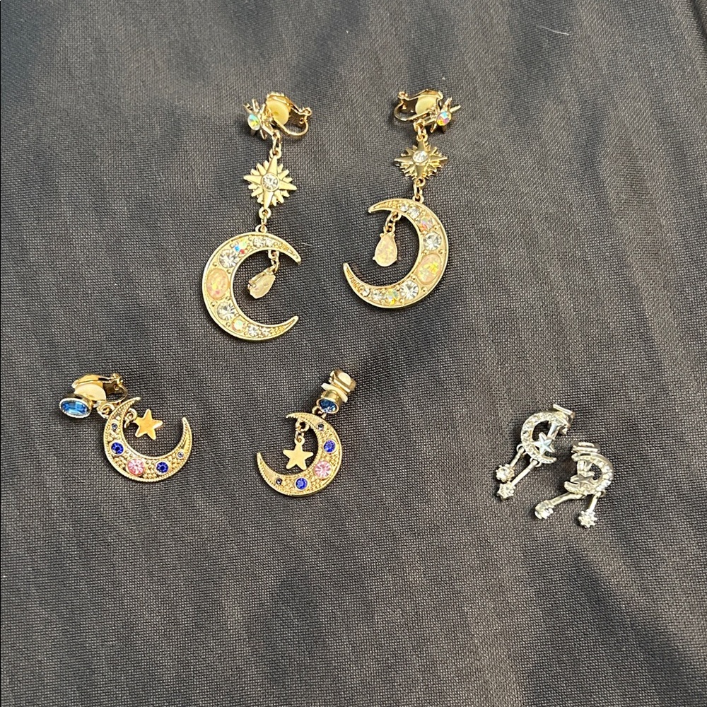 Gold and Silver Moon and Star Clip On Earrings Set